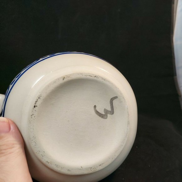 Rare Salt Glaze Stoneware 8" tall Pitcher w/ Double Ring Handles Cobalt Blue des - Picture 6 of 6